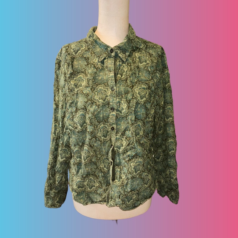 Eddie Bauer Olive Patterned Button Down Shirt